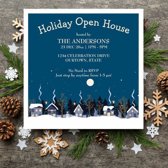 Invitación a una fiesta de puertas abiertas en el  (Winter village holiday open house party editable template invitation digital download)