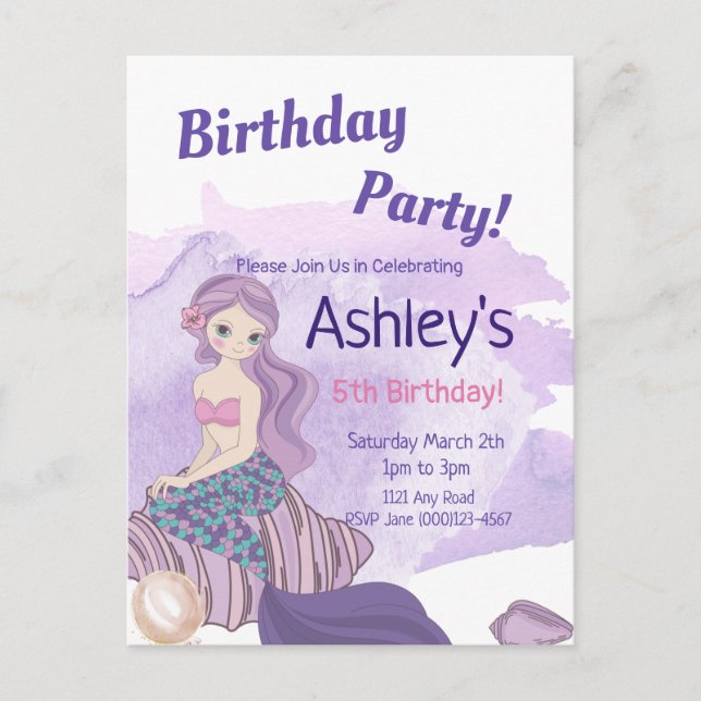 Invitación a una fiesta de sirena, cumpleaños de s (Anverso)