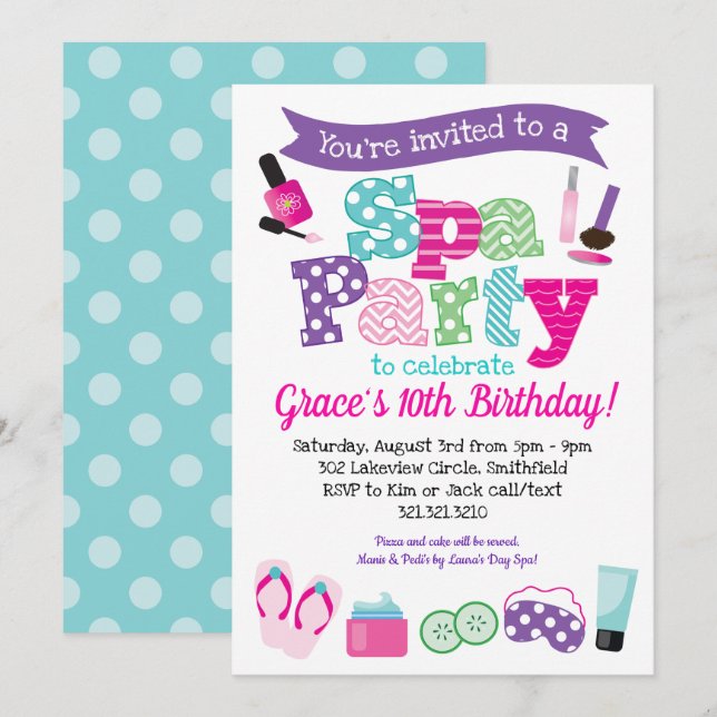 Invitación a una fiesta de spa para niños - Fiesta (Anverso / Reverso)