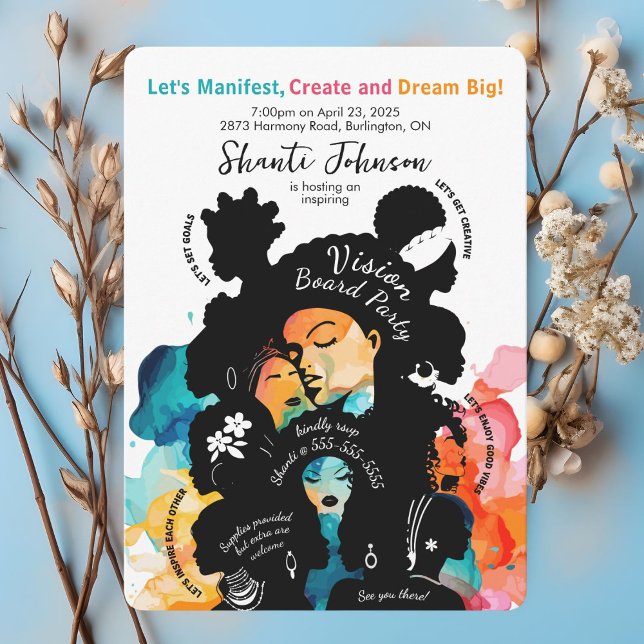 Invitación a una Fiesta de Tablero de Visualizació (Bold, colorful vision board party invitation celebrating unity and empowerment.)