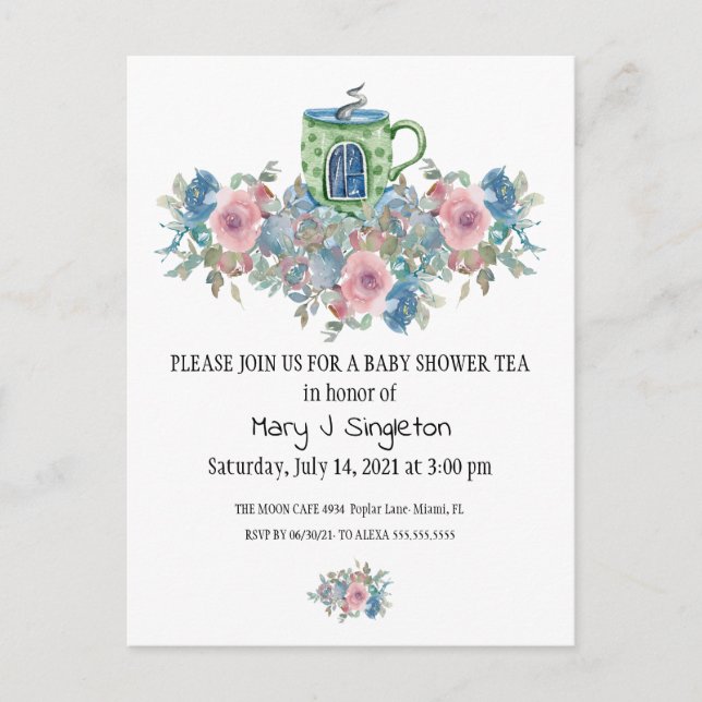 Invitación a una fiesta de té acuarela floral para (Anverso)
