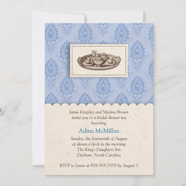 Invitación a una fiesta de té con damasco azul (Anverso)