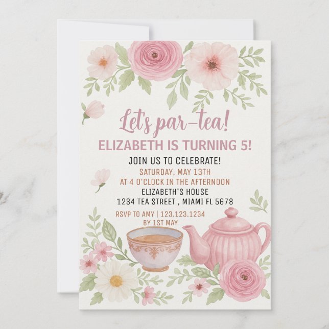 Invitación a una fiesta de té con diseño floral y  (Anverso)