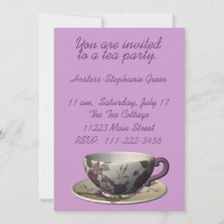 Invitación a una fiesta de té con flores moradas