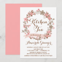 Invitación a una fiesta de té con flores rosadas e