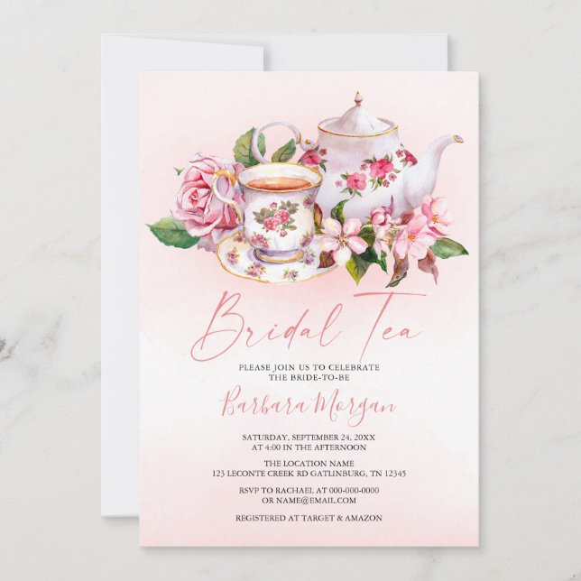 Invitación a una fiesta de té con flores rosadas p (Anverso)