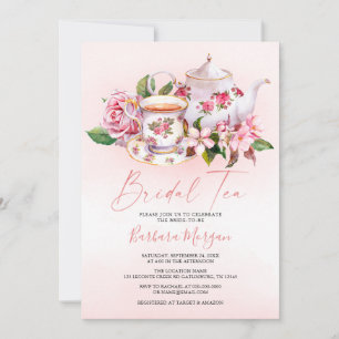 Invitación a una fiesta de té con flores rosadas p