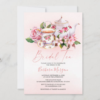 Invitación a una fiesta de té con flores rosadas p