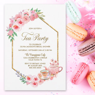 Invitación a una fiesta de té con flores rosadas p