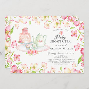 Invitación a una fiesta de té con flores rosadas p