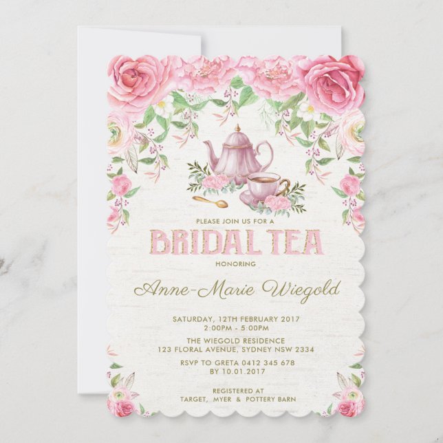 Invitación a una fiesta de té con flores rosas vin (Anverso)