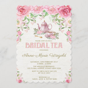 Invitación a una fiesta de té con flores rosas vin