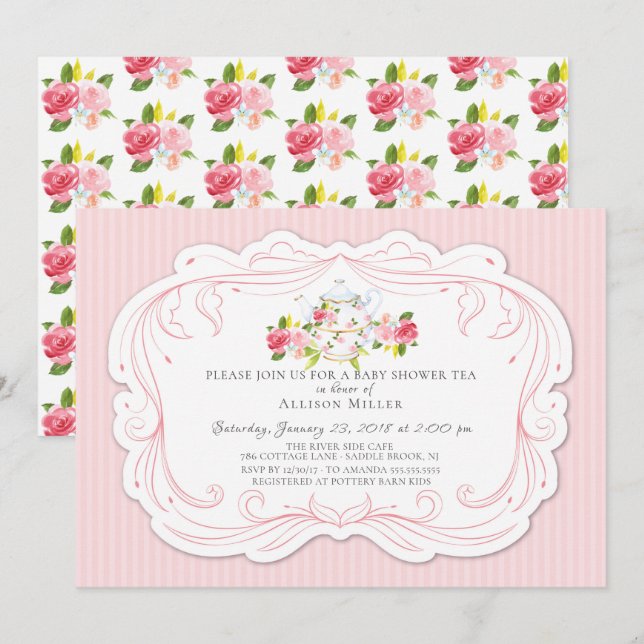 Invitación a una fiesta de té de Baby Shower Rosa  (Anverso / Reverso)