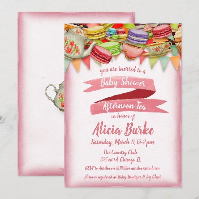Invitación a una fiesta de té de Baby Shower rosa  (Anverso / Reverso)