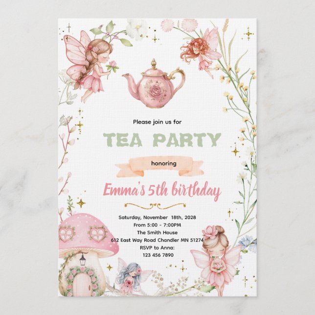 invitación a una fiesta de té de hadas lindas (Anverso)