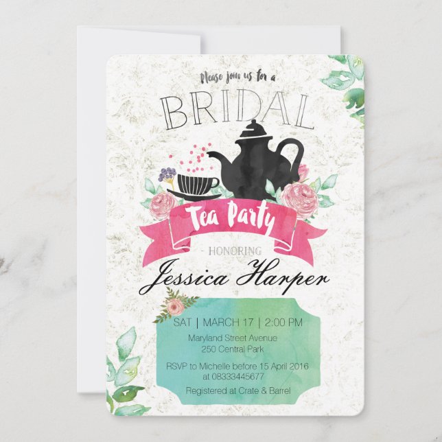 Invitación a una fiesta de té de novia floral acuá (Anverso)