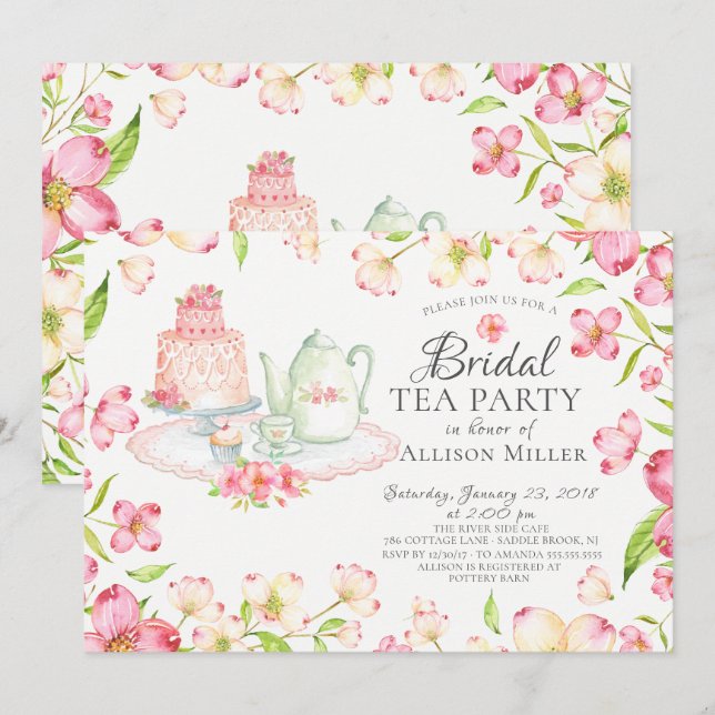Invitación a una fiesta de té de novia floral rosa (Anverso / Reverso)