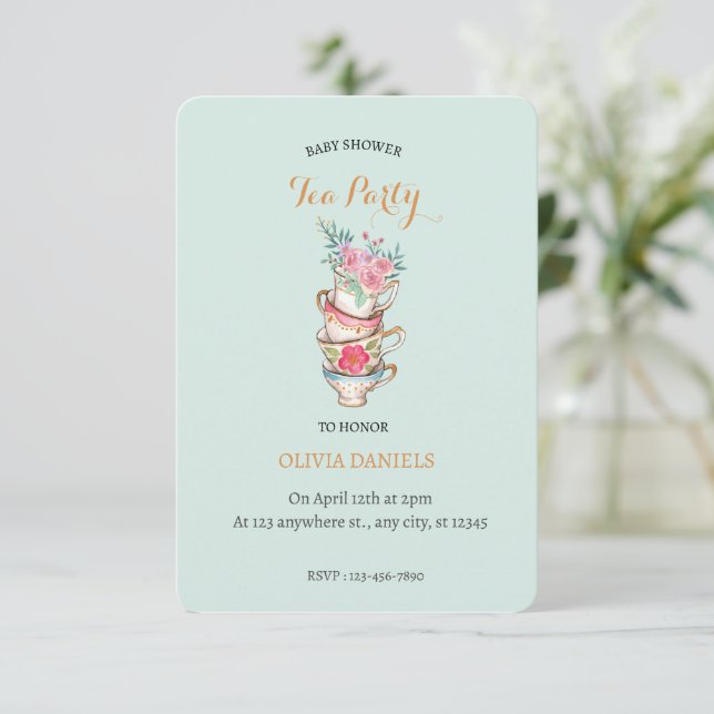 Invitación a una fiesta de té en Baby Shower con f (Anverso de pie)