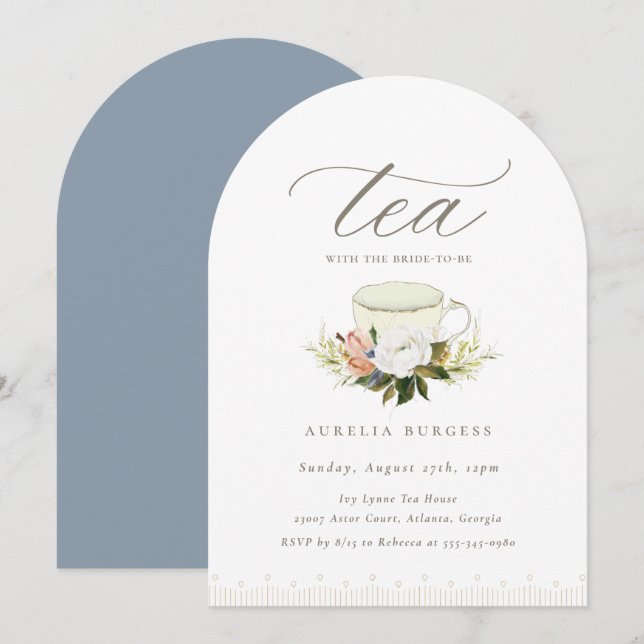 Invitación a una fiesta de té floral de teacup vin (Anverso / Reverso)