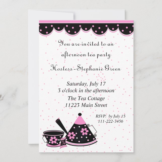 Invitación a una fiesta de té rosa, negro y blanco (Anverso)