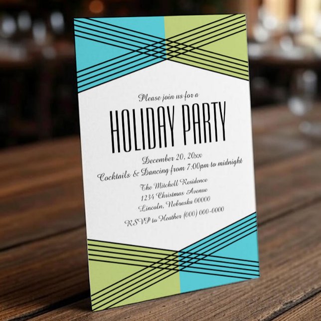 Invitación a una fiesta de vacaciones en tonos ver (Turquoise Green Colorful Deco Holiday Party Invite)