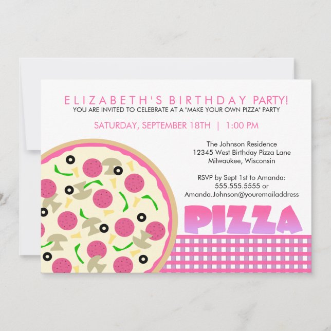 Invitación a una fiesta pizza rosa y morada (Anverso)