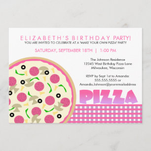 Invitación a una fiesta pizza rosa y morada