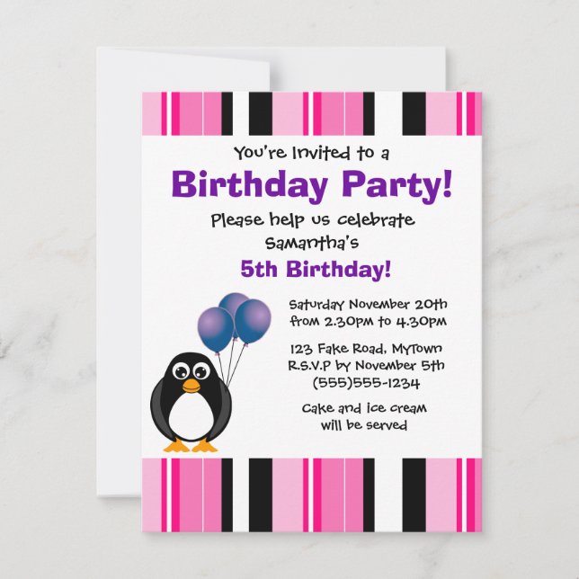 Invitación a una fiesta púrpura rosa pingüino (Anverso)