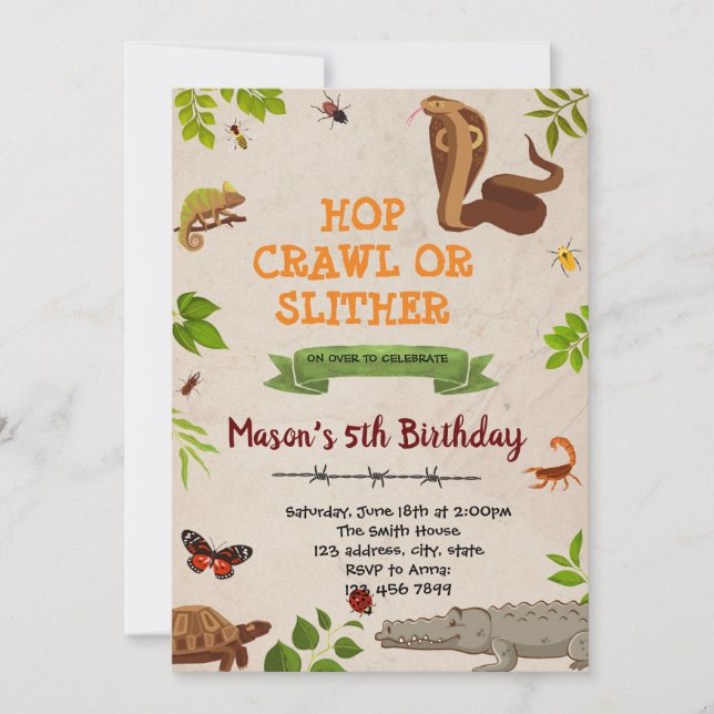 Invitación a una fiesta temática del reptil para i (Anverso)