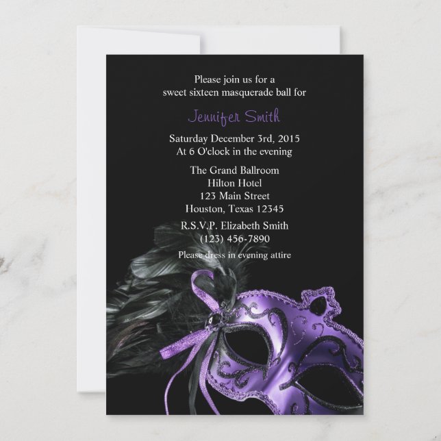 Invitación a una mascarada negra morada de 16 bola (Reverso)