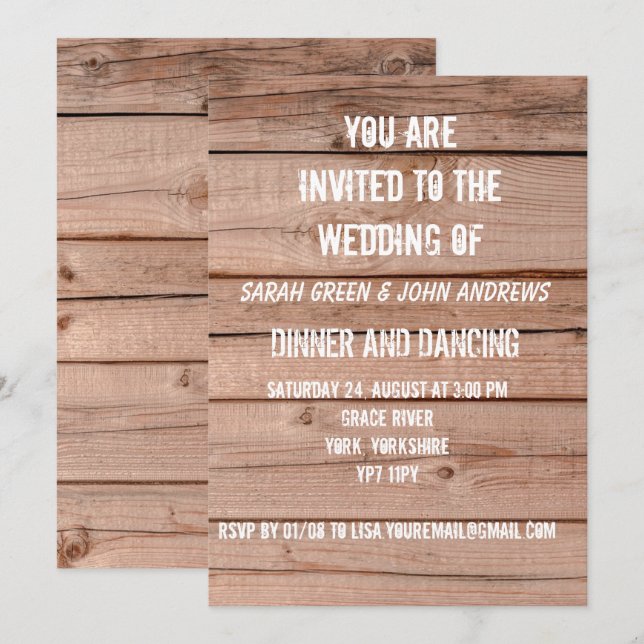 Invitación a una simple boda de roble de madera rú (Anverso / Reverso)