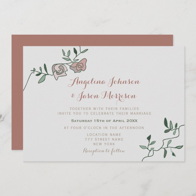 Invitación a una simple boda de Rosa con vegetació (Anverso / Reverso)