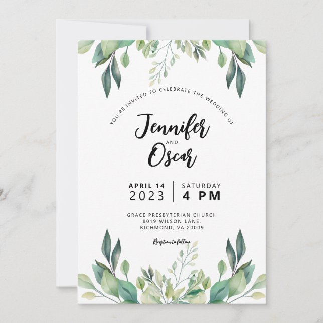 Invitación a una simple boda verde bohemia (Anverso)