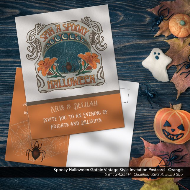 Invitación a una Tarjeta Postal de Fiesta de Hallo (Spooky Halloween Gothic Vintage Style Invitation Postcard - Shown in Orange, Front)