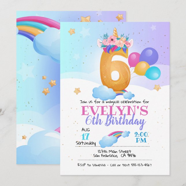 Invitación a unicornio, 6 cumpleaños de Unicornio (Anverso / Reverso)
