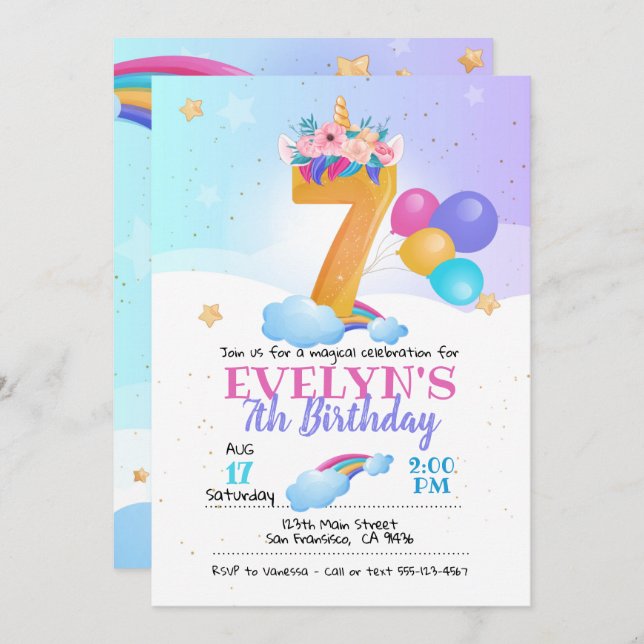 Invitación a unicornio, 7 cumpleaños de Unicornio (Anverso / Reverso)