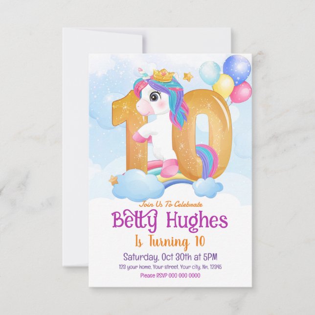 Invitación a unicornio a los 10 años (Anverso)