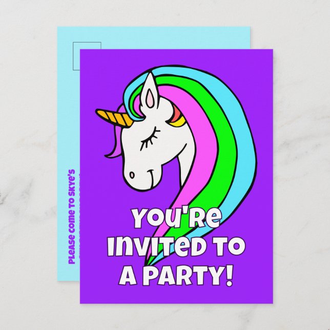 Invitación a Unicornio con arco iris (Anverso / Reverso)