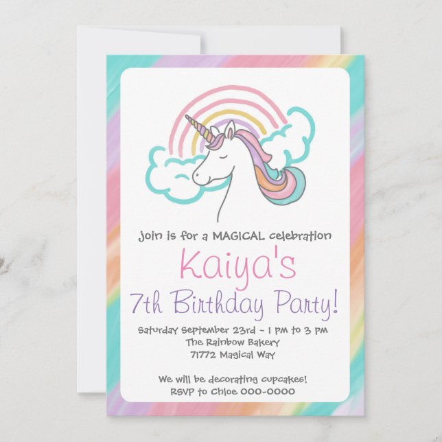 Invitación a Unicornio con arco iris (Anverso)