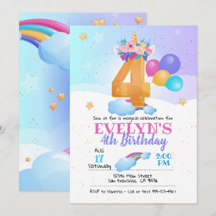 Invitación a unicornio, cuarto cumpleaños de Unico