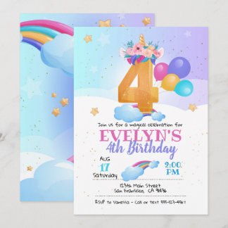 Invitación a unicornio, cuarto cumpleaños de Unico
