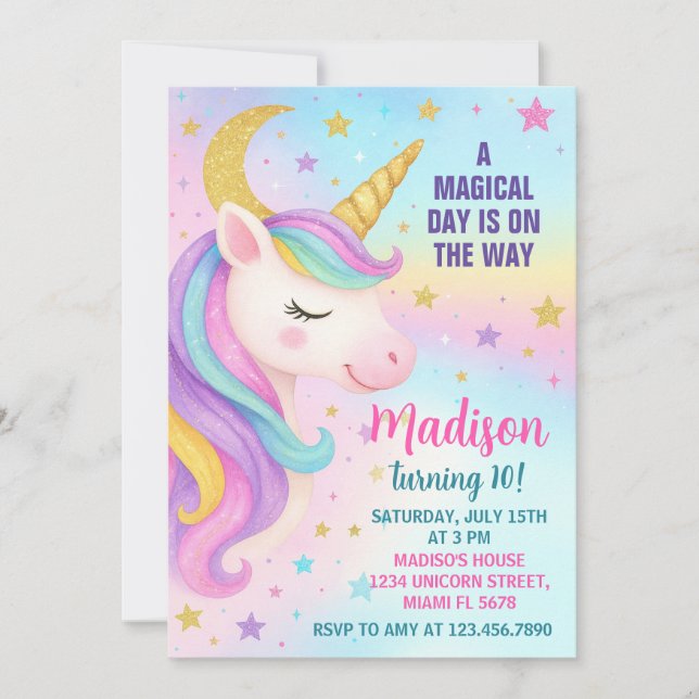 Invitación a Unicornio de Cumpleaños (Anverso)