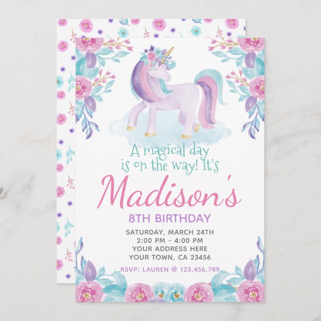 Invitación a unicornio de cumpleaños floral (Anverso / Reverso)