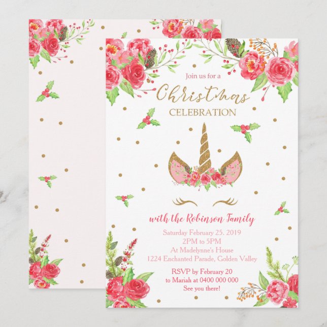 Invitación a unicornio de Navidades (Anverso / Reverso)
