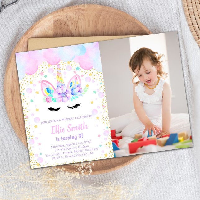 Invitación a unicornio de personalizable (Purple Pink Cloud Unicorn Invitations with photo)