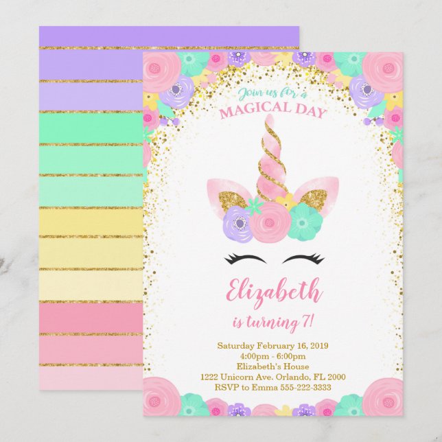 Invitación a unicornio de Purpurina floral (Anverso / Reverso)
