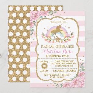Invitación a unicornio Invitación a floral de oro 