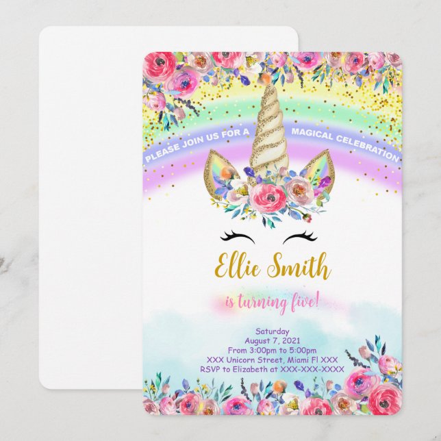 Invitación a unicornio mágico rojo (Anverso / Reverso)