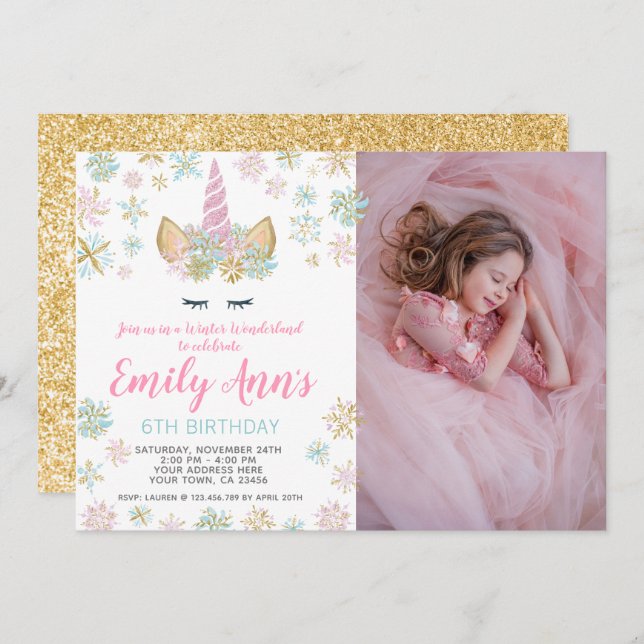 Invitación a unicornio por cumpleaños de invierno  (Anverso / Reverso)