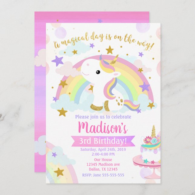 Invitación a unicornio por cumpleaños mágico (Anverso / Reverso)